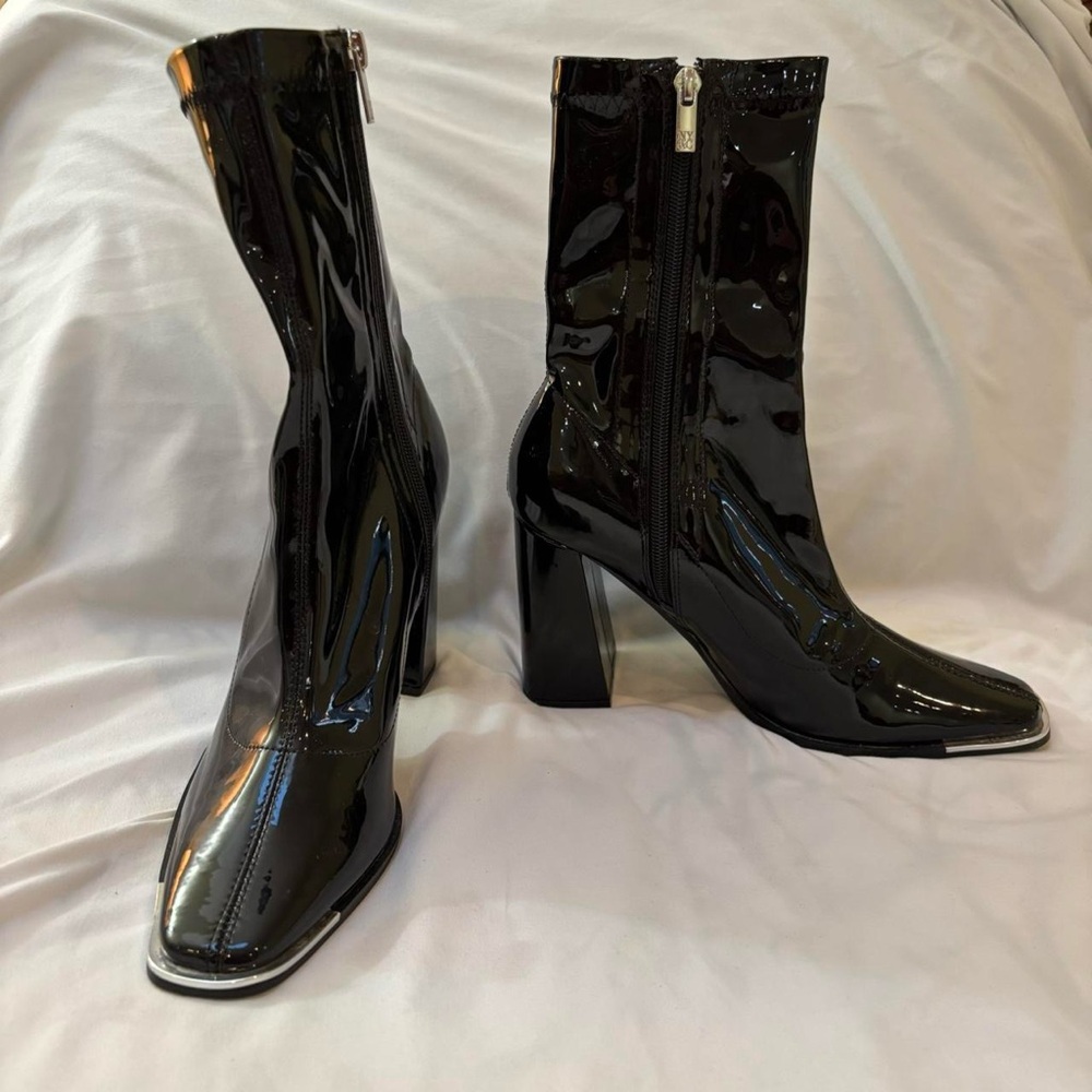 Black patent leather boots with silver cap square toe and 4" block‎ heel